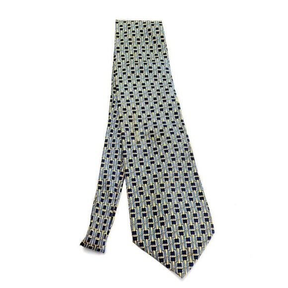 Paolo Gucci Blue Yellow Silk Tie Woven‎ Geometric "Chain" Print - Picture 7 of 7